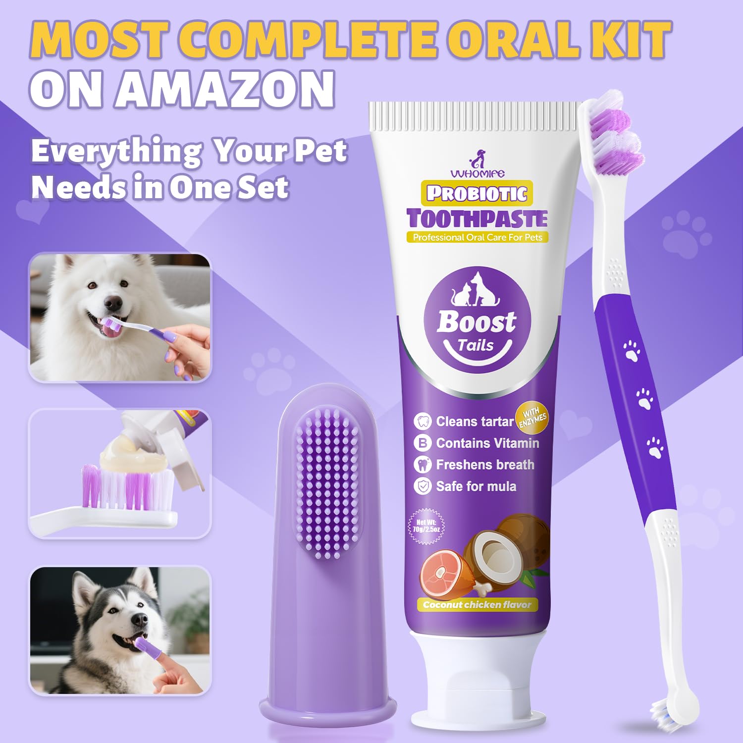 VVHOMIFE démonstration nettoyage dents chien illustrant une routine facile.