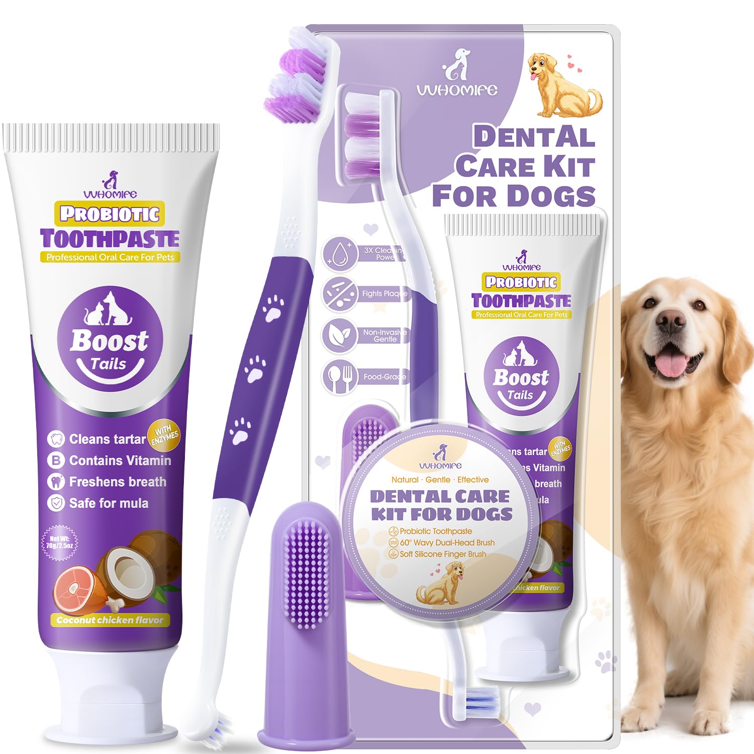 VVHOMIFE kit soin buccal chien dentifrice coco-poulet pour un nettoyage en douceur.