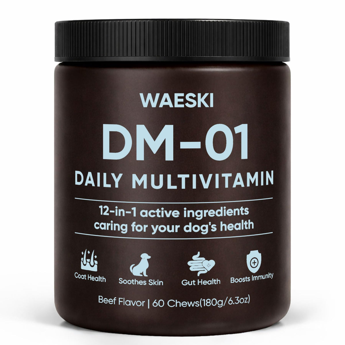 DM-01 WAESKI: bouteille-multivitamine-quotidienne pour un pelage brillant et énergie quotidienne.