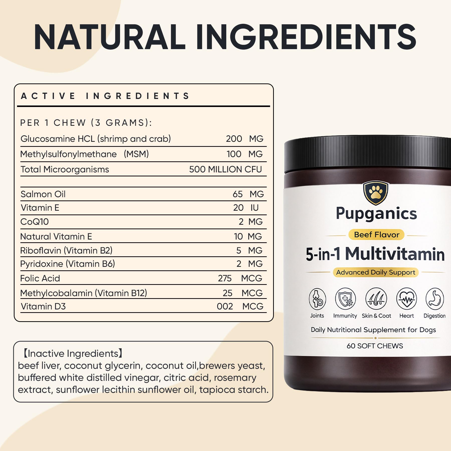 WAESKI Pupganics : fiche emballage indiquant la posologie quotidienne pour chiens.