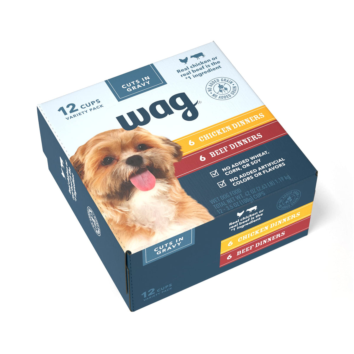 Coupes Wag : poulet et boeuf en sauce, portion pratique pour repas équilibré du chien.