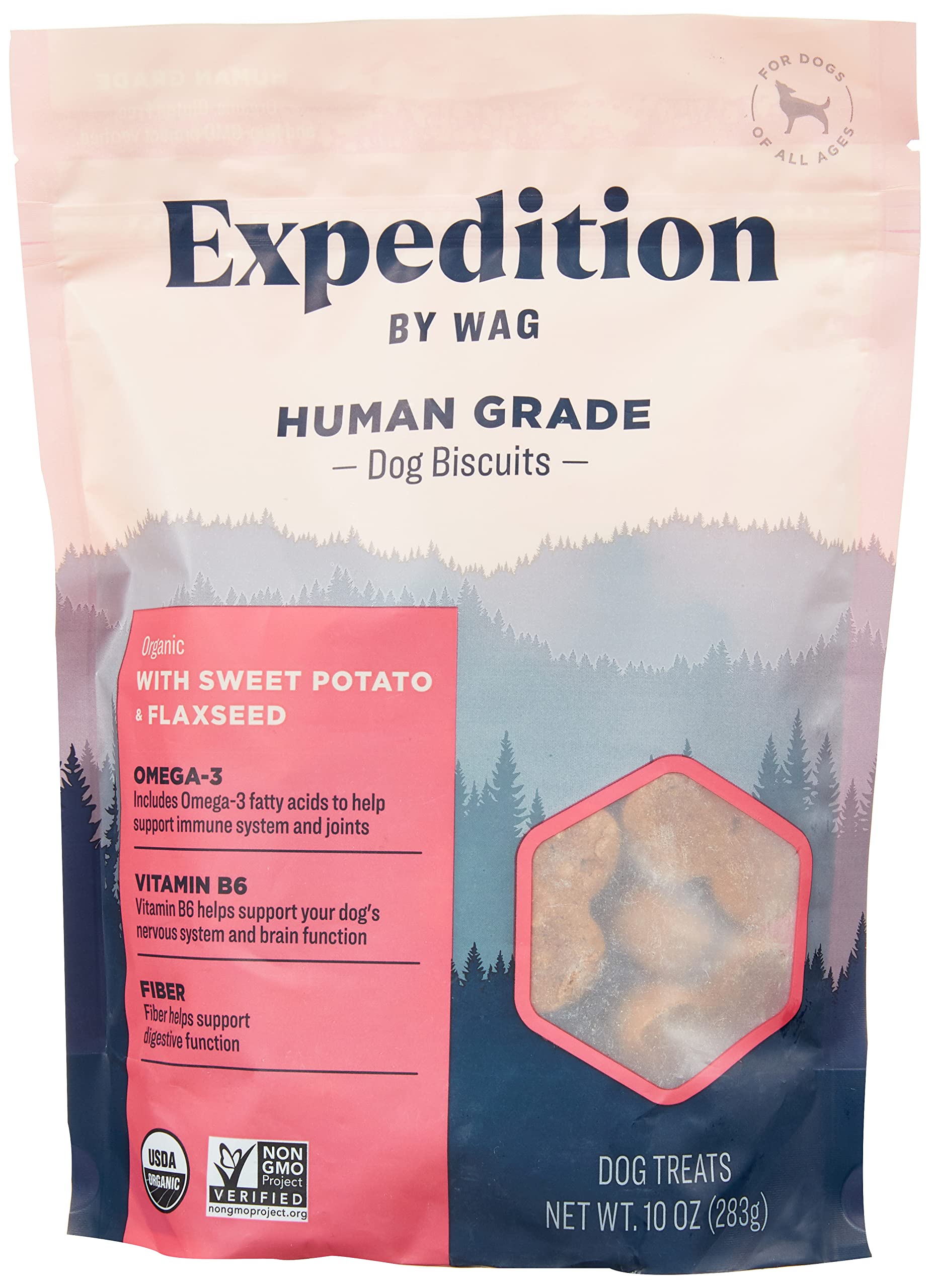 Biscuit Wag Expedition bio pour chien, patate douce et lin, récompense savoureuse.