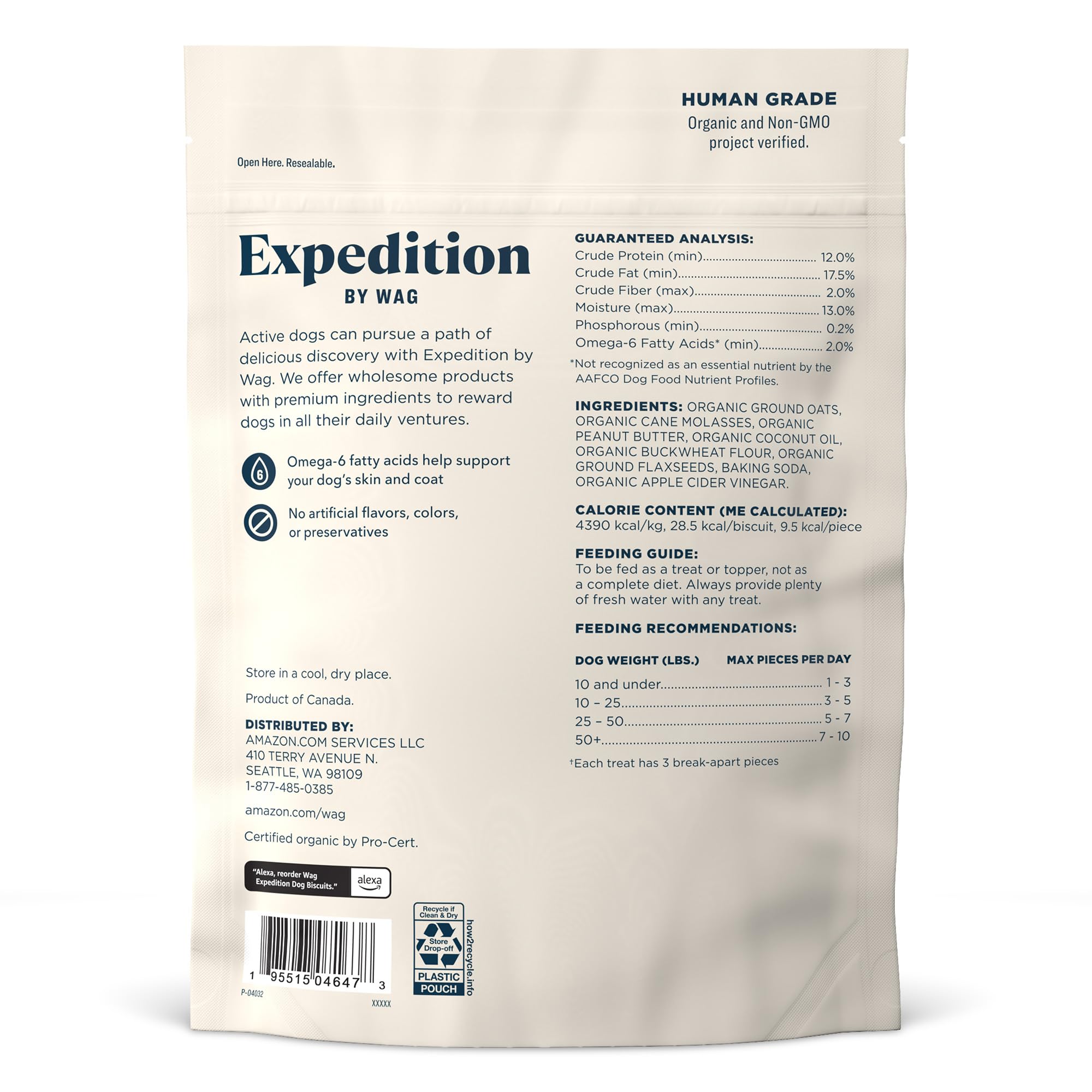 Ingrédients non-OGM visibles sur Wag Expedition biscuits biologiques.