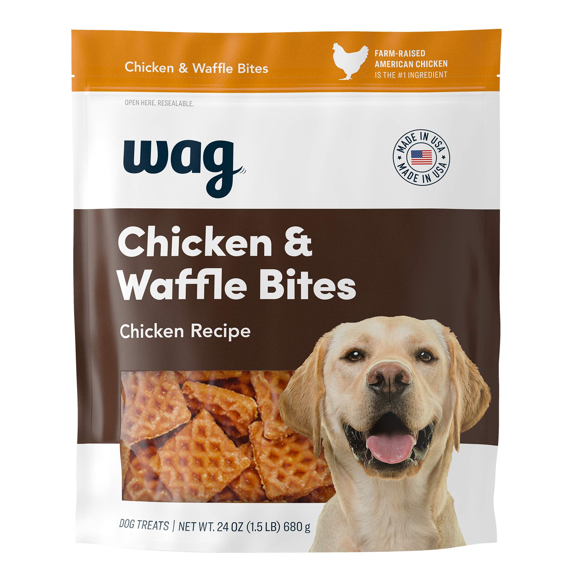 Friandises Wag au poulet et gaufre dans un sachet hermetique, pratique pour la conservation.