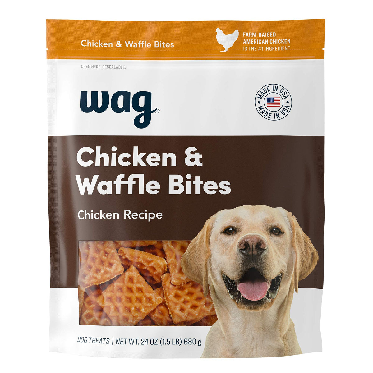 Friandises Wag au poulet et gaufre dans un sachet hermetique, pratique pour la conservation.