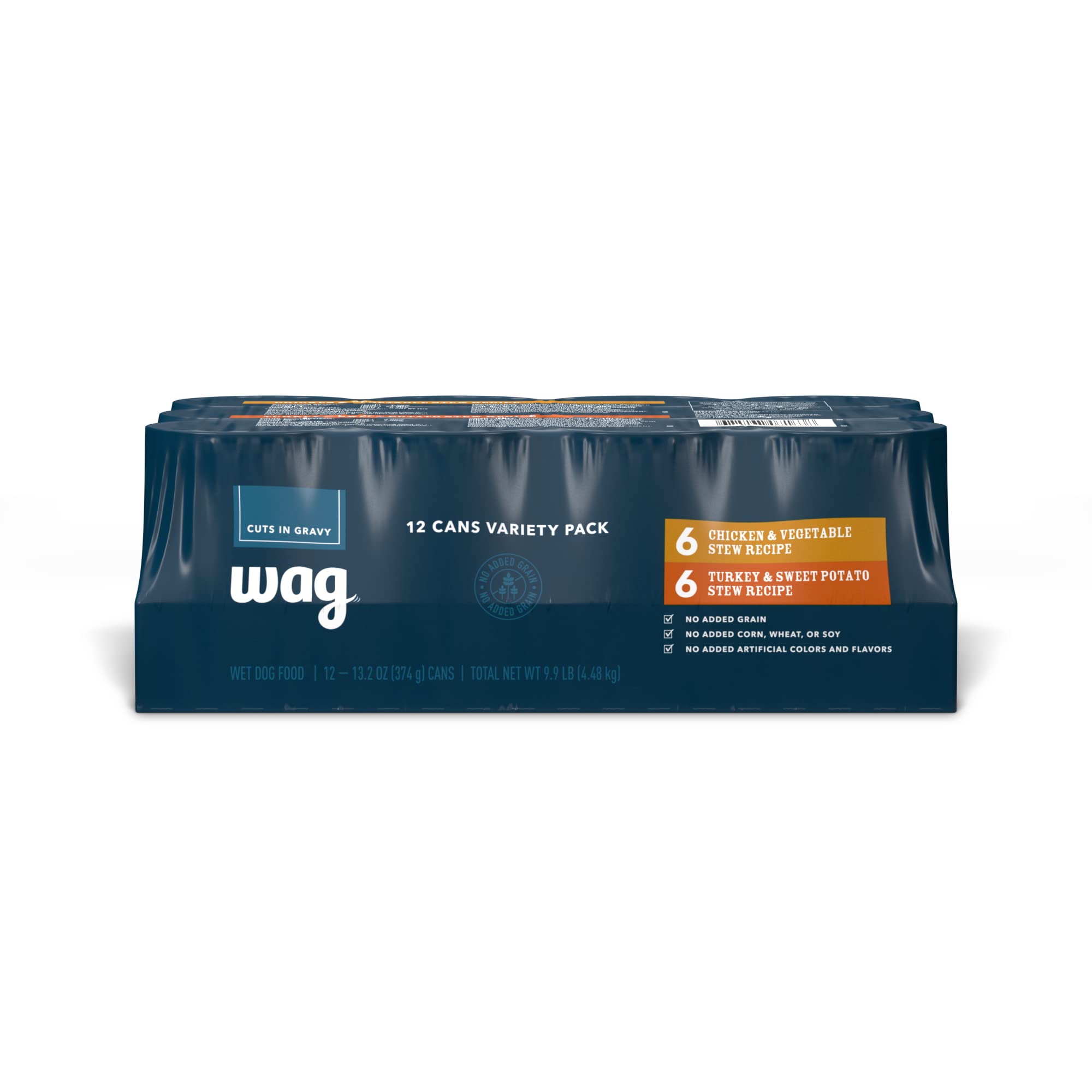 WAG nourriture humide chien, boîte 375 g, lot 12, repas pratique et rapide.
