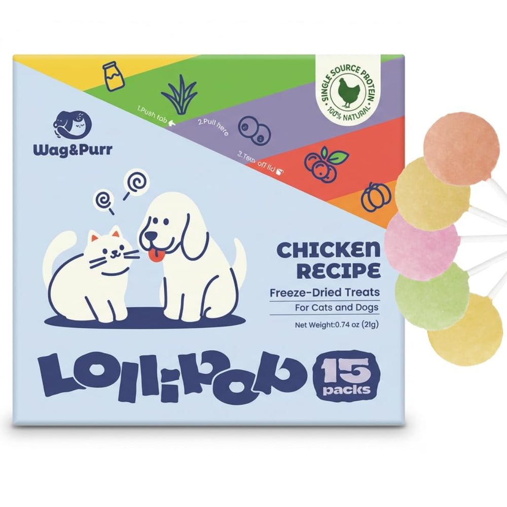 Wag&Purr Sucette poulet lyophilisée, récompense protéinée pour chat ou petit chien.