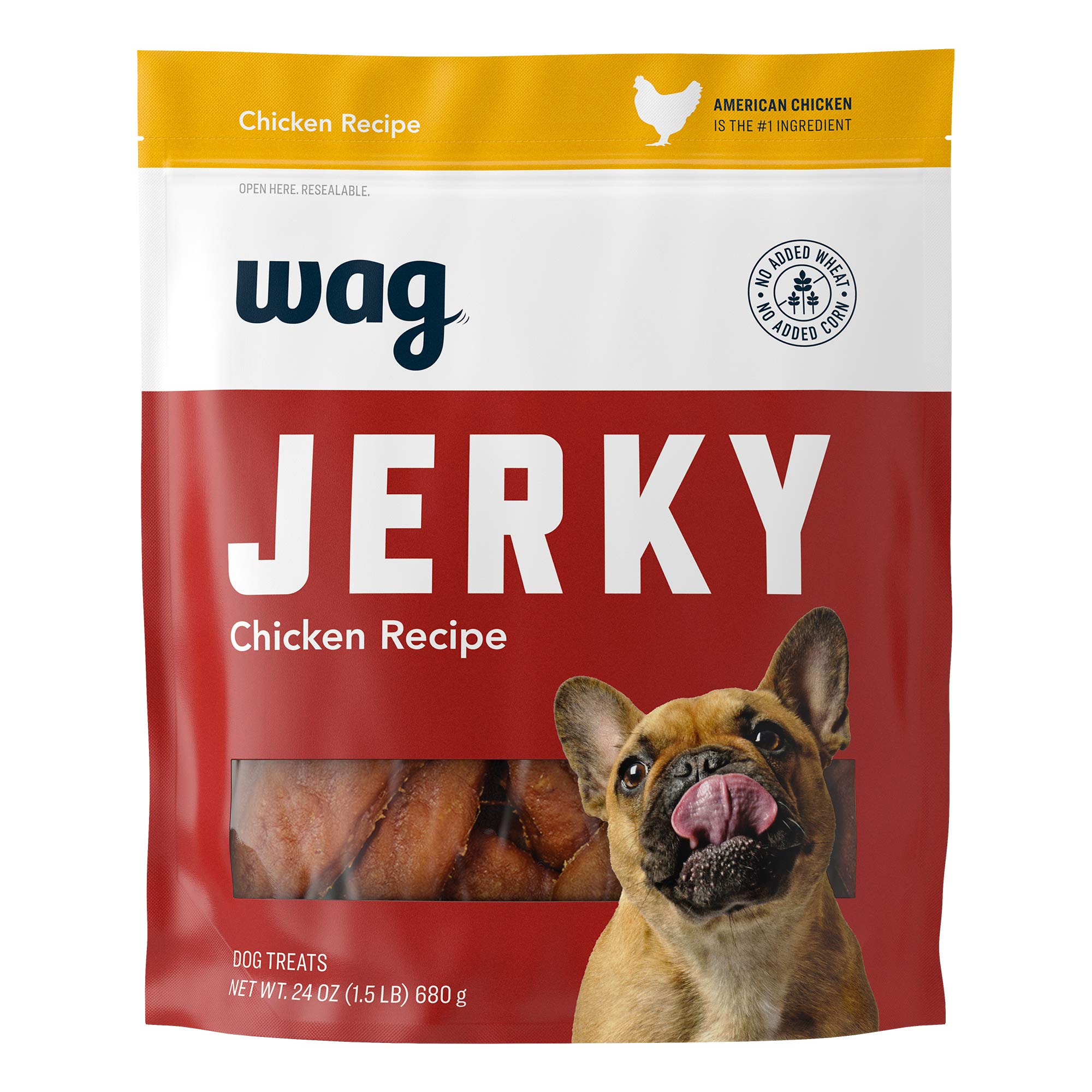 WAG sac poulet américain jerky : emballage refermable et fraîcheur préservée.