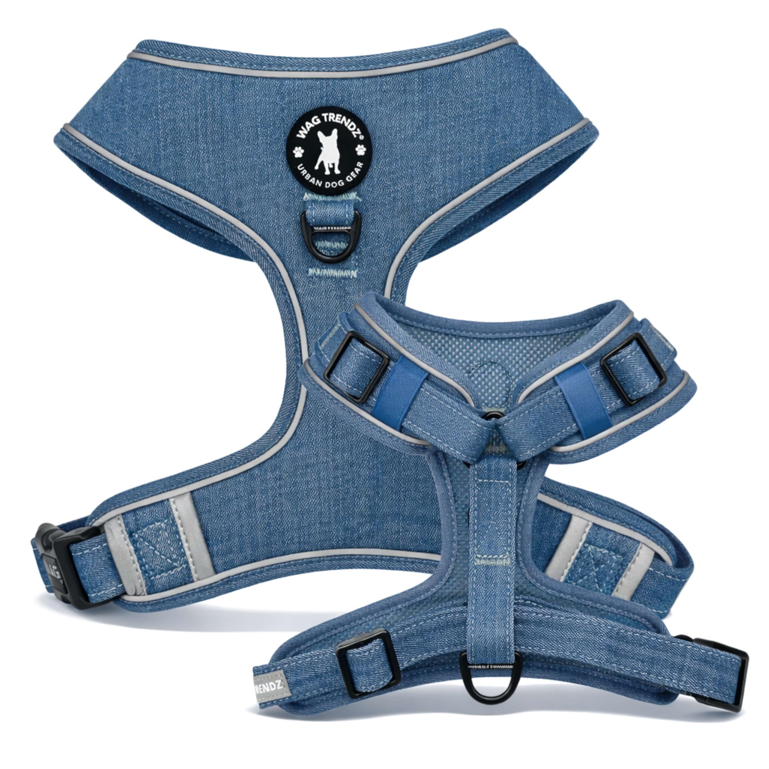 Harnais Wag Trendz denim extérieur pour chien taille large, durable et fiable.