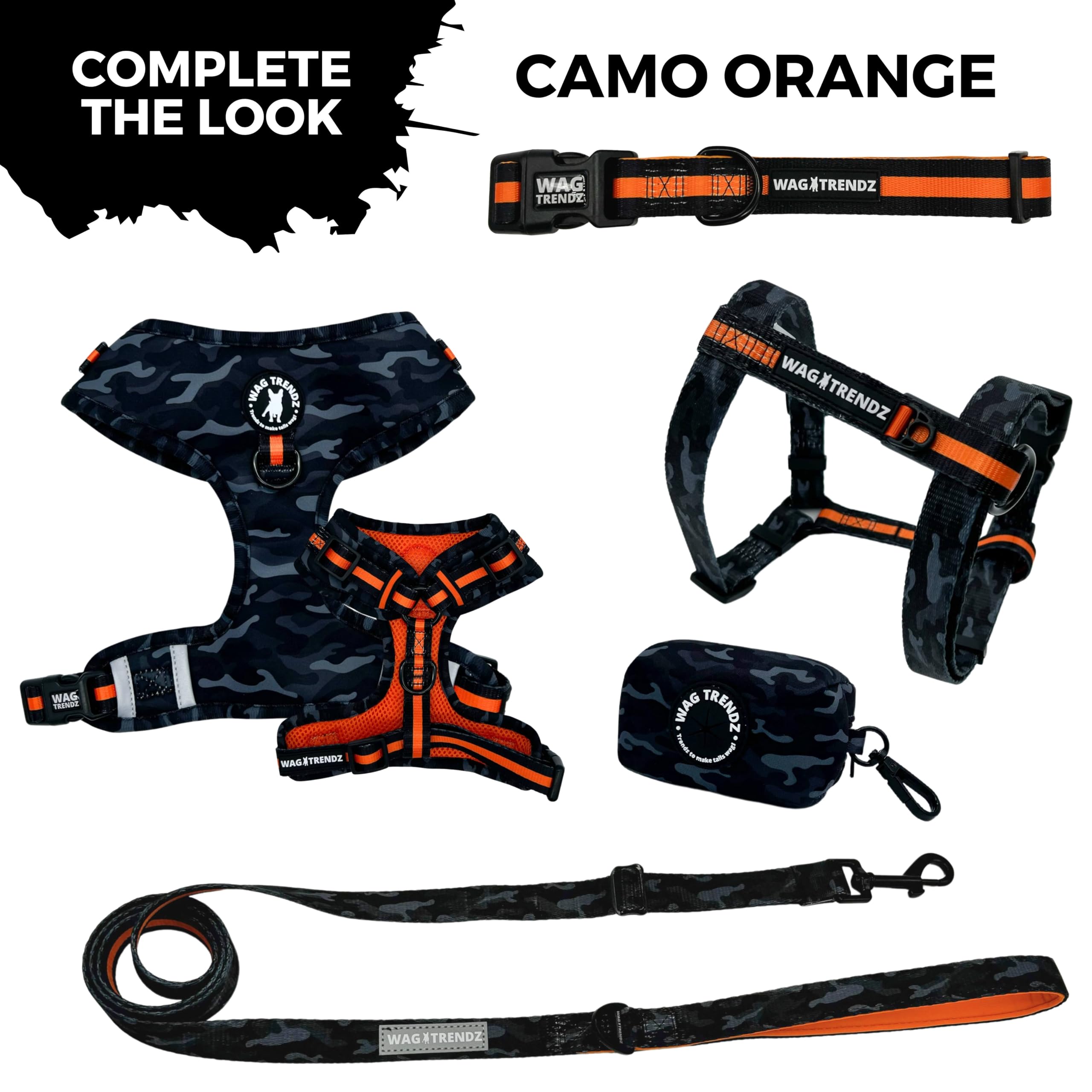 Accessoires assortis Camo Orange harnais et laisse coordonnés.