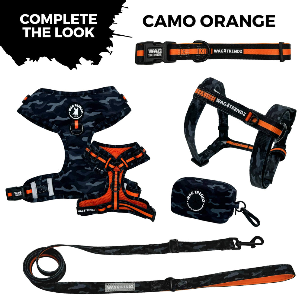 Accessoires assortis Camo Orange harnais et laisse coordonnés.