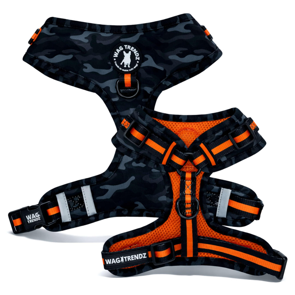 Harnais Wag Trendz Chihuahua camo orange vue avant pour confort et style.