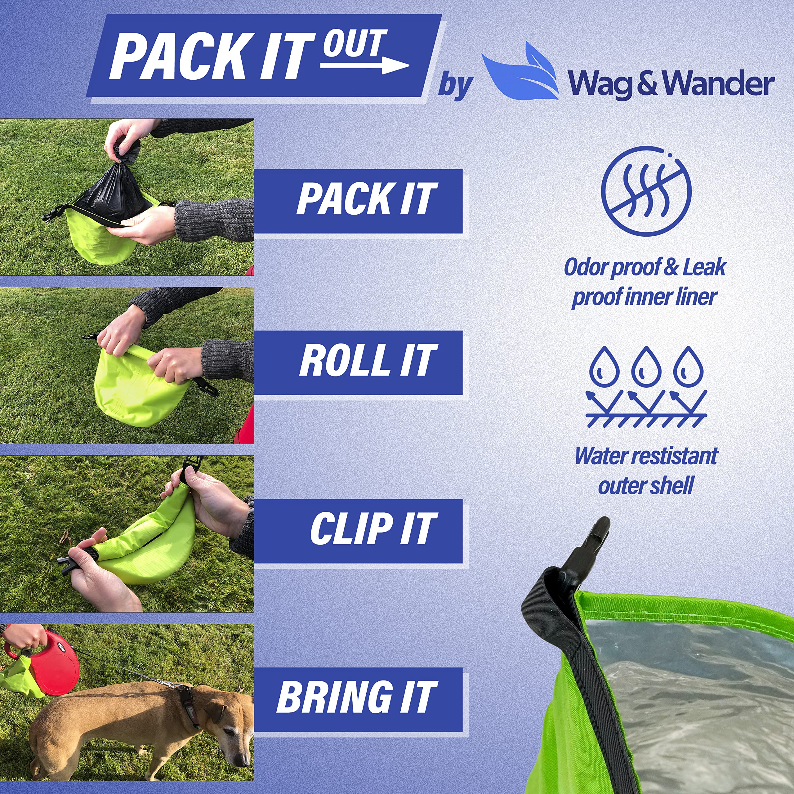 Wag & Wander sac pliable et compact se roule.