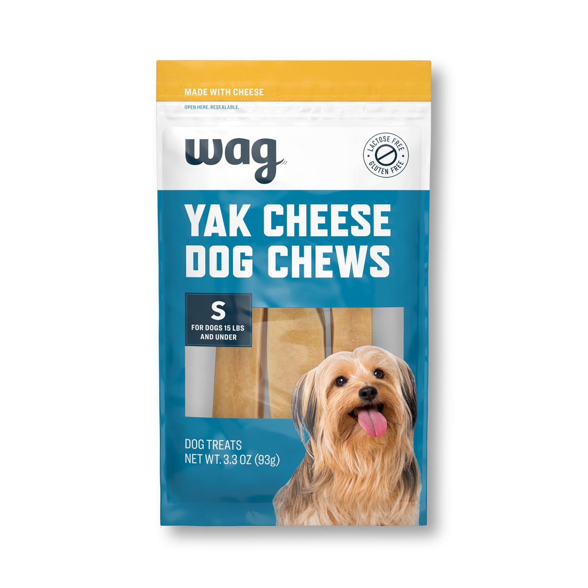 Wag Yak Cheese: emballage 3 unités, friandise adaptée aux petits chiens.