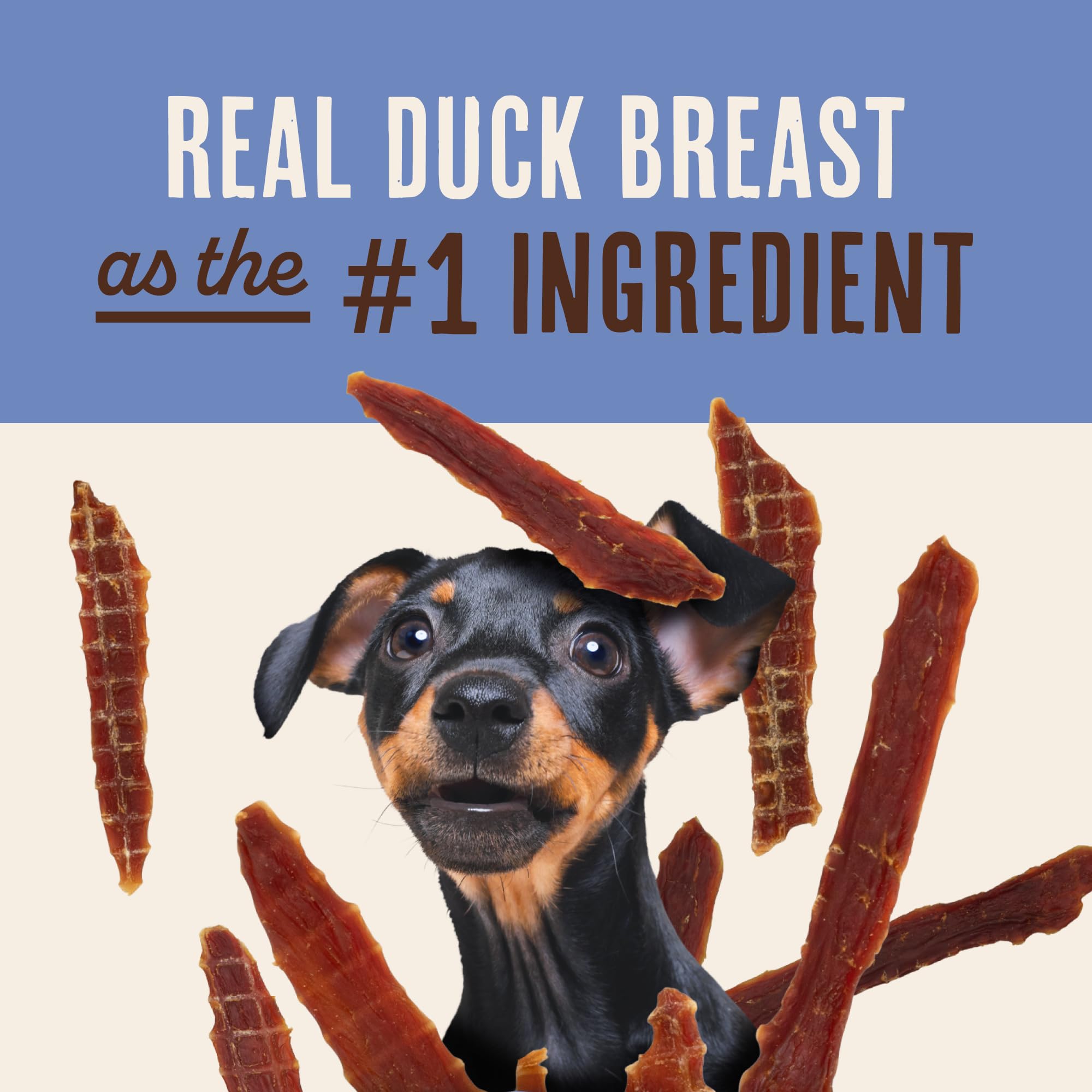 Protéines élevées: jerky de canard Waggin' Train, source naturelle de protéines.