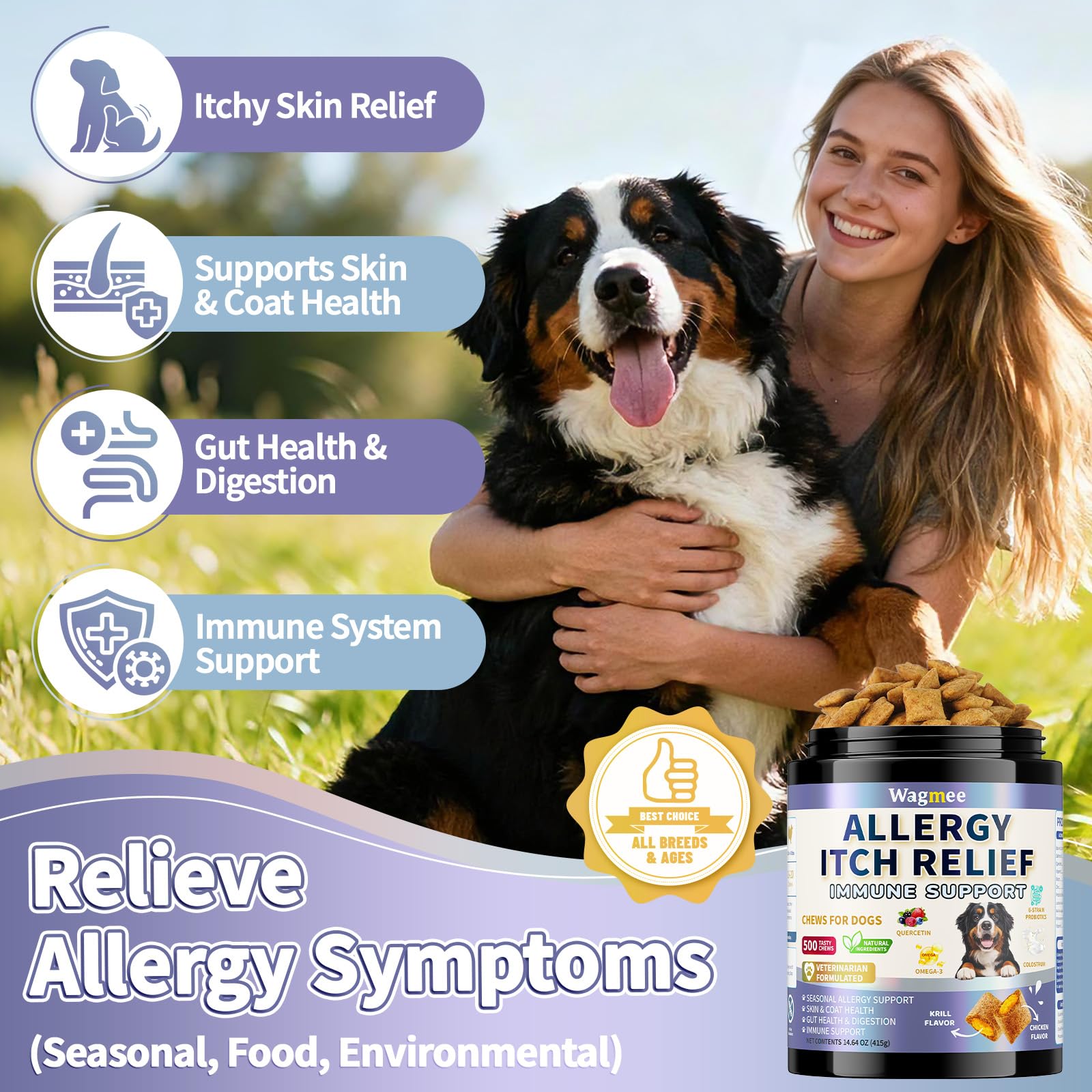 Bouchées Wagmee allergie chien texture croquante au poulet et cœur krill attractif