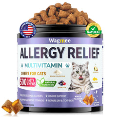 Wagmee Cat Allergy Relief Chews – boîte prête à l’emploi, bouchées faciles à donner.
