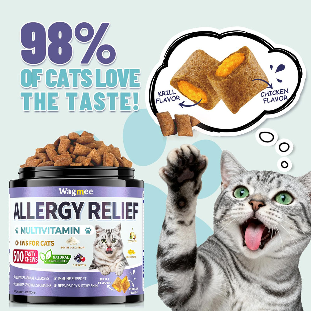 Wagmee Cat Allergy Relief Chews – ingrédients et probiotiques, soutien digestif potentiel.