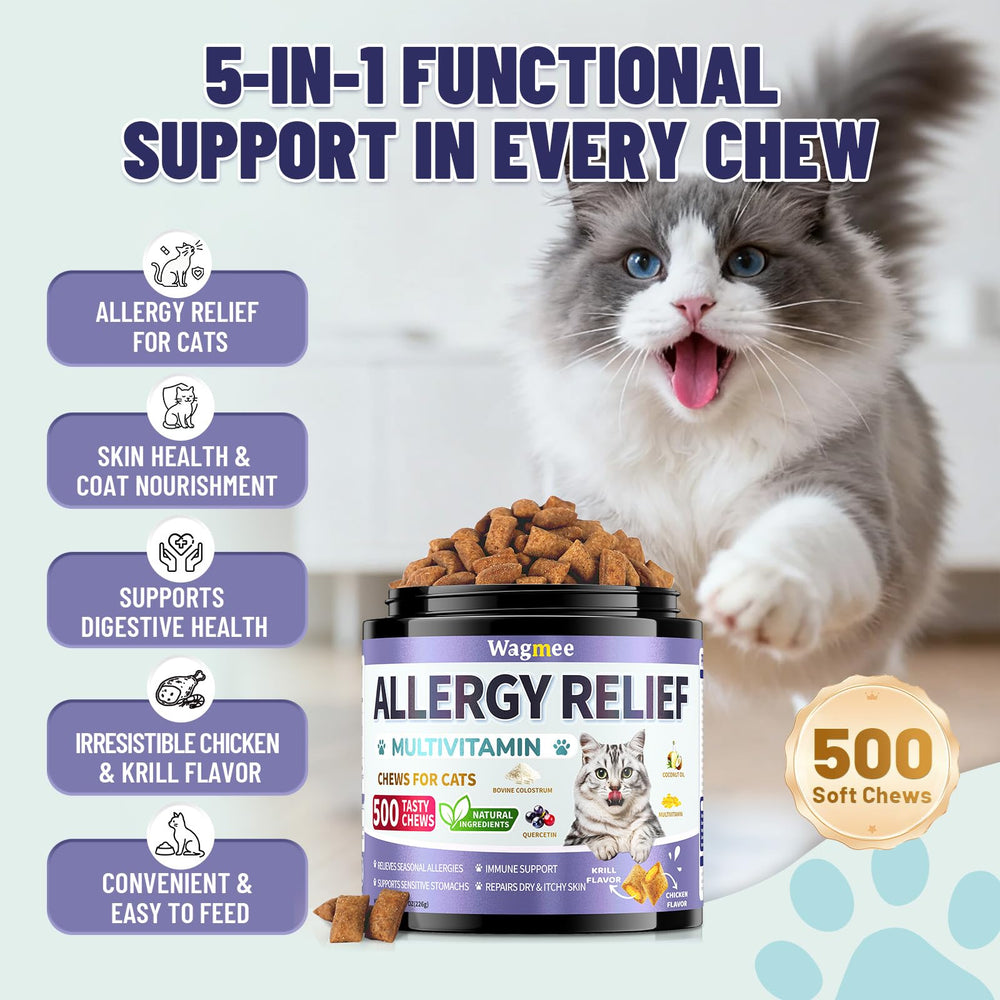 Wagmee Cat Allergy Relief Chews – goût poulet et krill, apprécié par les chats difficiles.