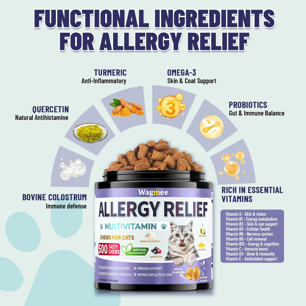 Wagmee Cat Allergy Relief Chews – probiotiques 500 million, soutien intestinal potentiel.