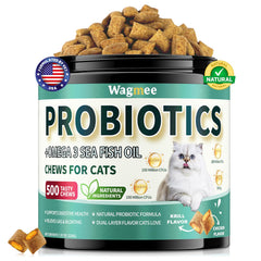 Wagmee Cat Probiotiques: bouchées croustillantes-cremeuses pour soutenir la digestion.