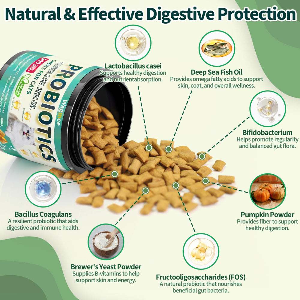 Wagmee Cat Probiotiques: oméga-3 pour peau et poil sains.