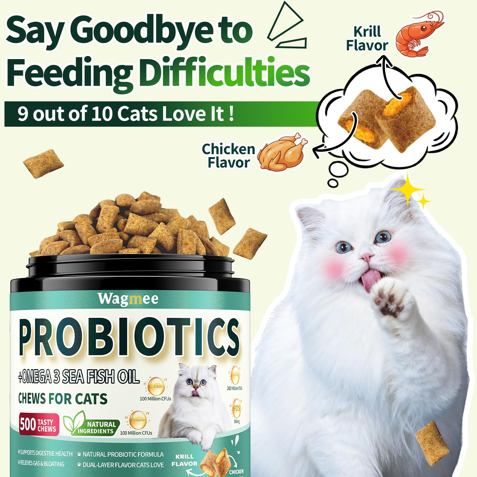 Wagmee Cat Probiotiques: texture double croquante puis crémeuse pour chats exigeants.