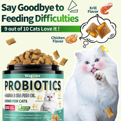 Wagmee Cat Probiotiques: texture double croquante puis crémeuse pour chats exigeants.