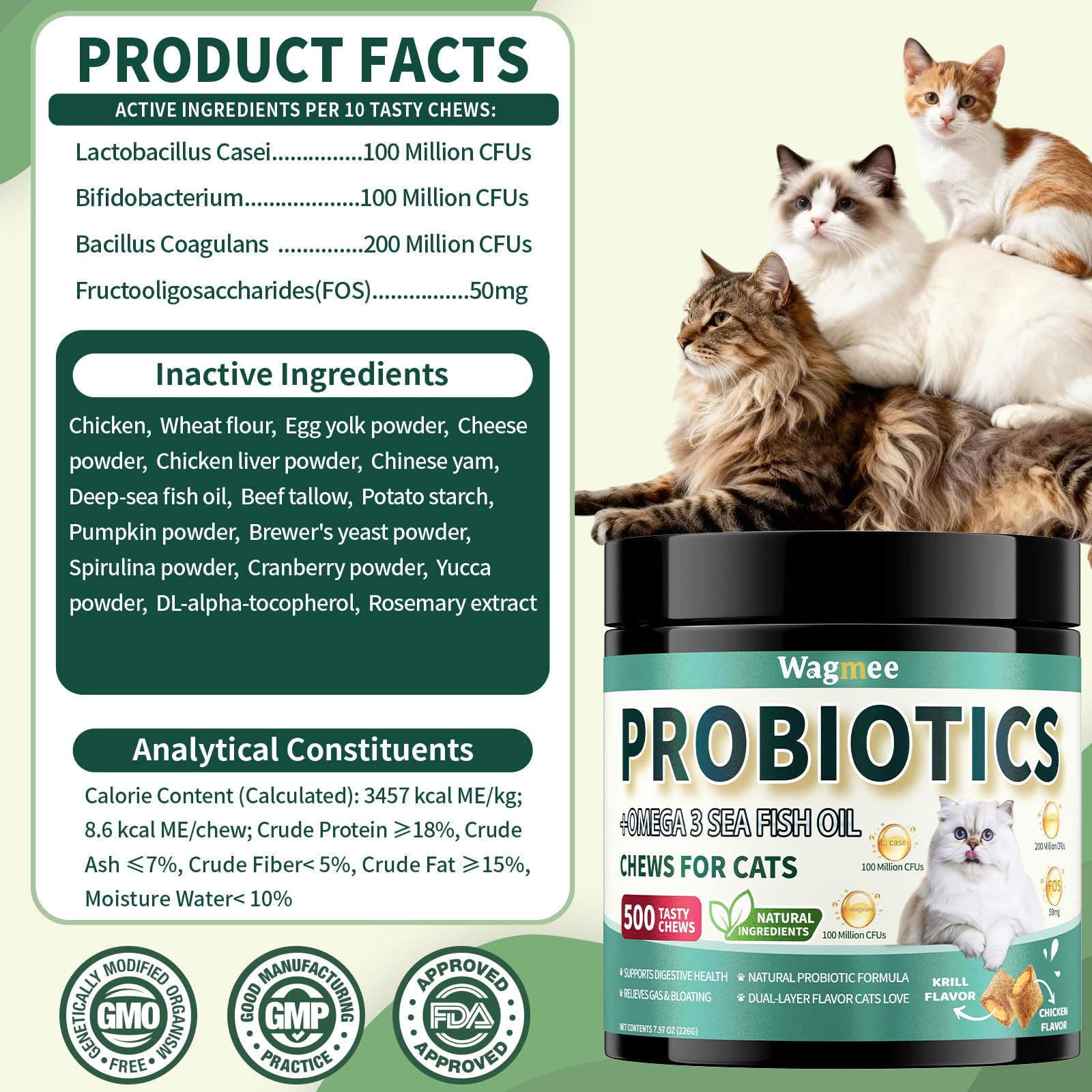 Wagmee Cat Probiotiques: usage quotidien recommandé pour entretenir le confort intestinal.