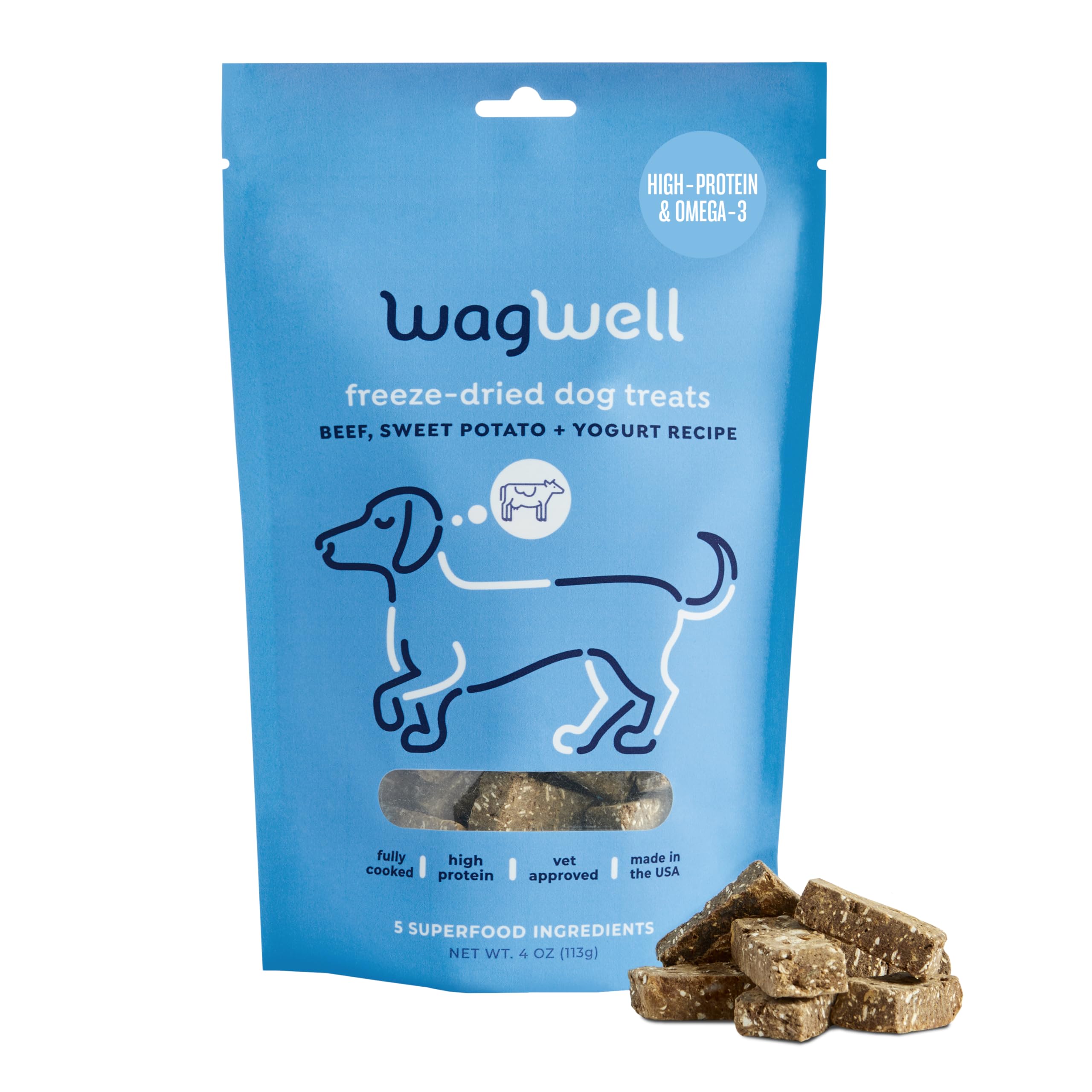 Sac WagWell avec friandises sèches pour chien, pratique à emporter.