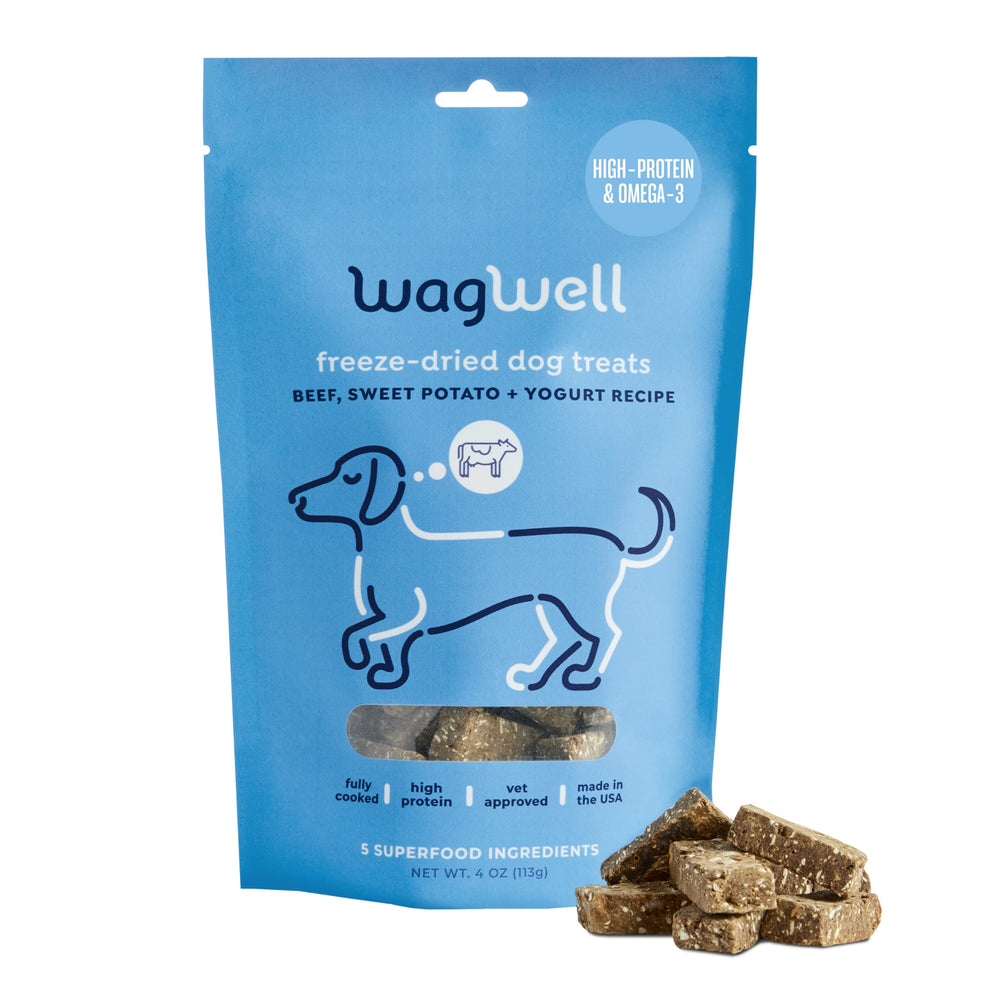 Sac WagWell avec friandises sèches pour chien, pratique à emporter.
