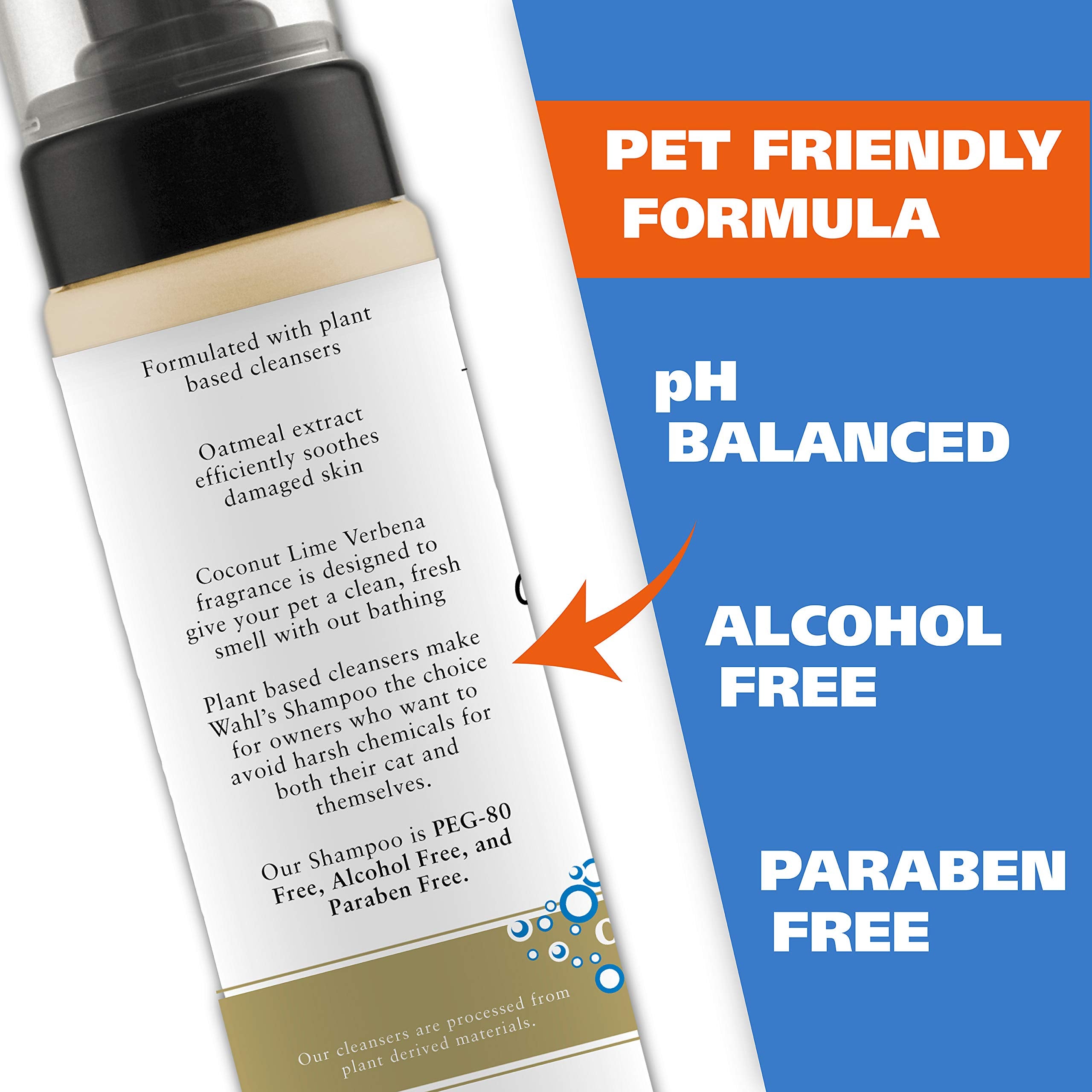 Wahl chat sans rinçage, odeur-coco-lime-verbena, parfum frais sans lavage.