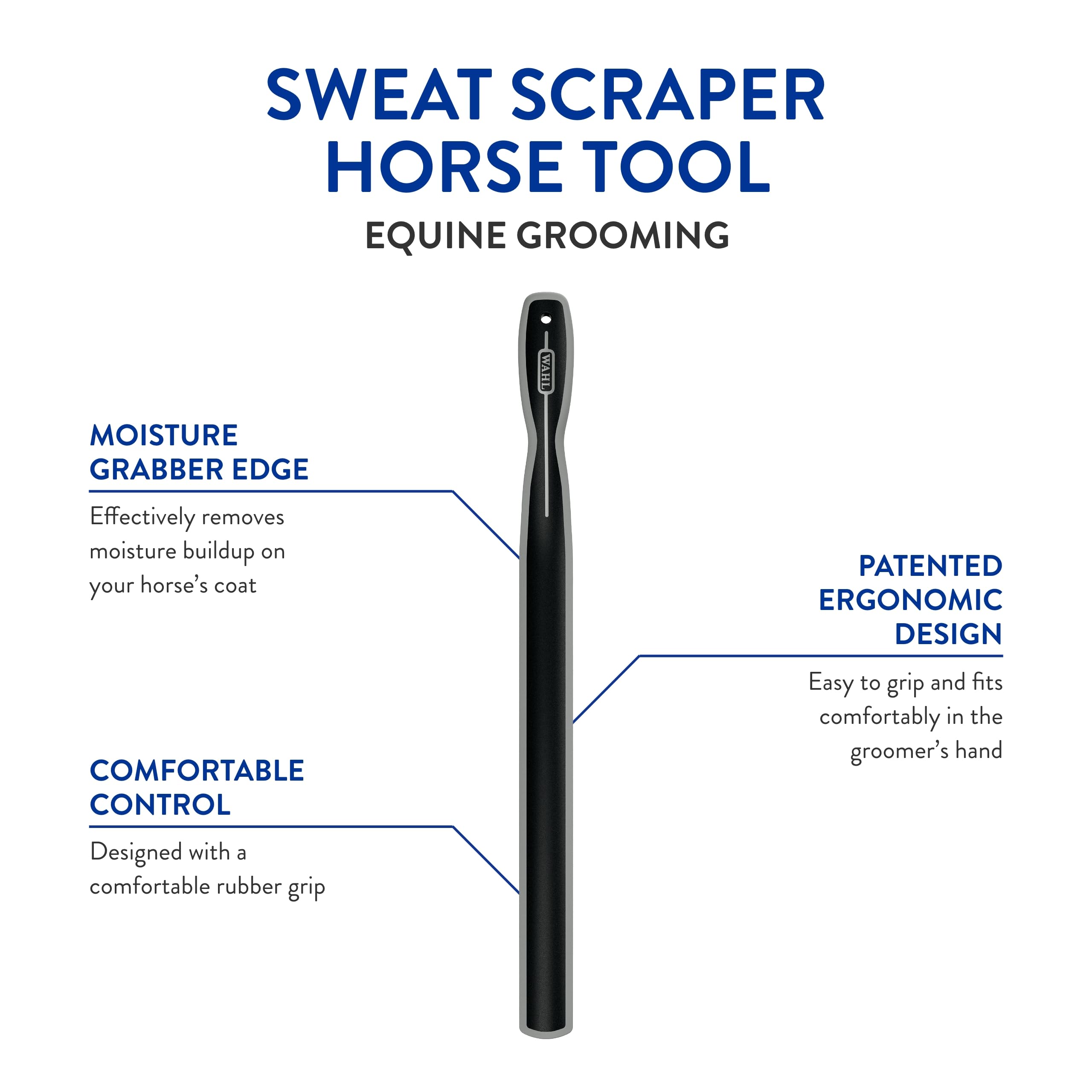 Wahl Grattoir-Sueur Cheval Poil Humide, retire efficacement l’humidité du pelage.