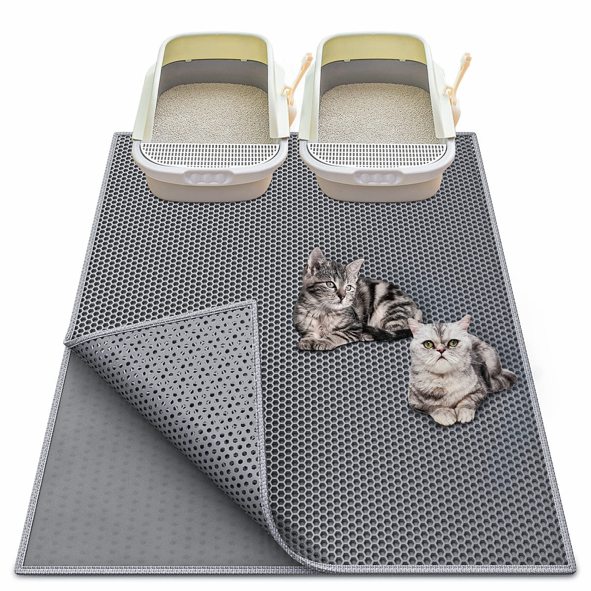 Tapis-litiere Waretary 36x30 gris capture les grains sous les pattes.