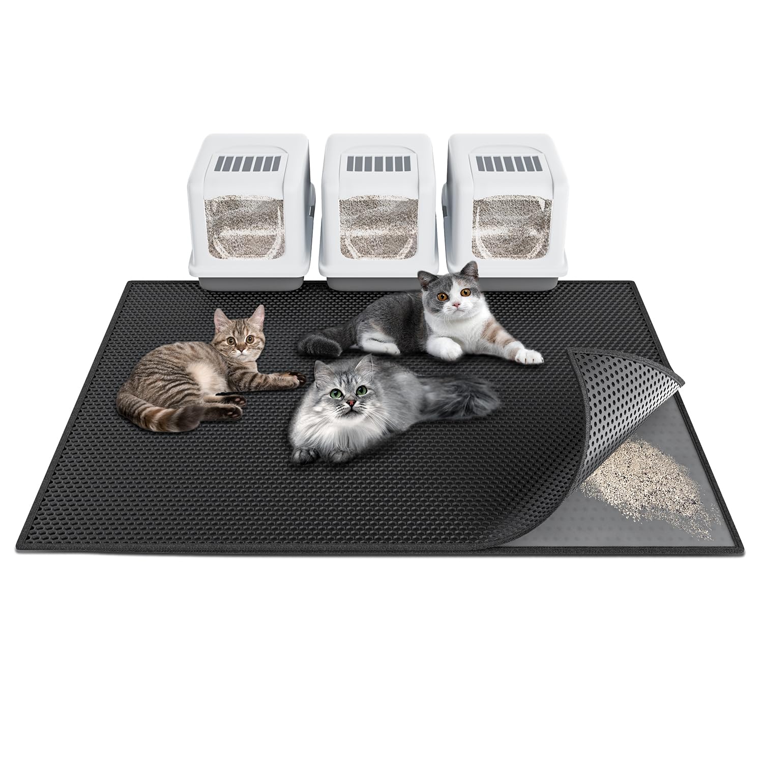 Waretary Tapis Litière XXL Noir capte les granulés autour de la litière.