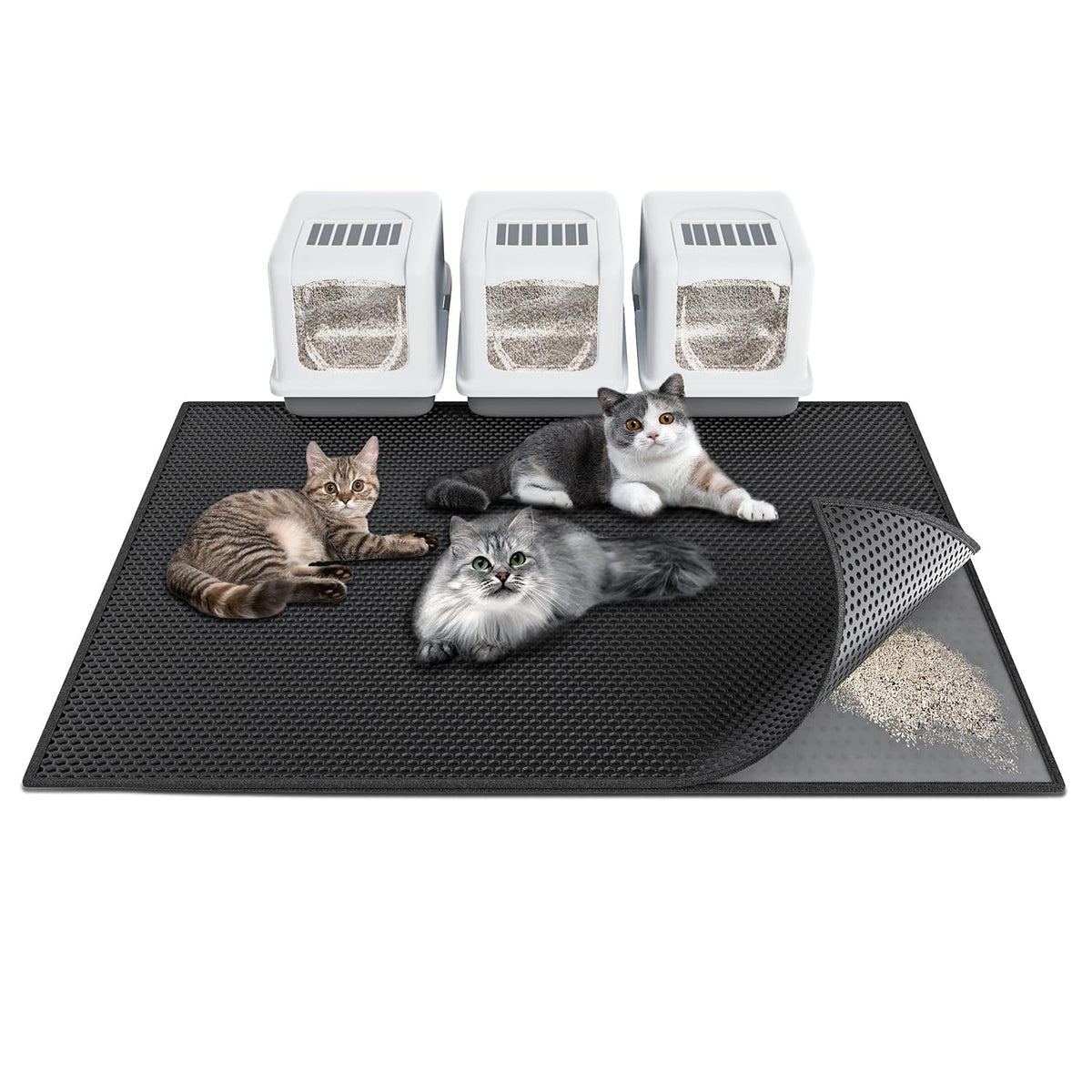 Waretary Tapis Litière XXL Noir capte les granulés autour de la litière.