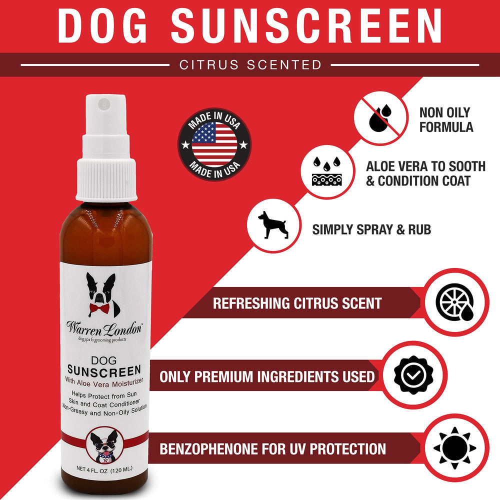 Brume solaire Warren London sur le pelage du chien – application rapide.