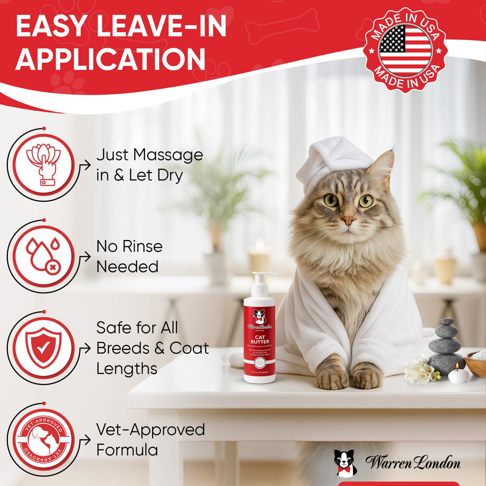 Beurre hydratant Warren London Cat – application douce pour pelage soyeux.