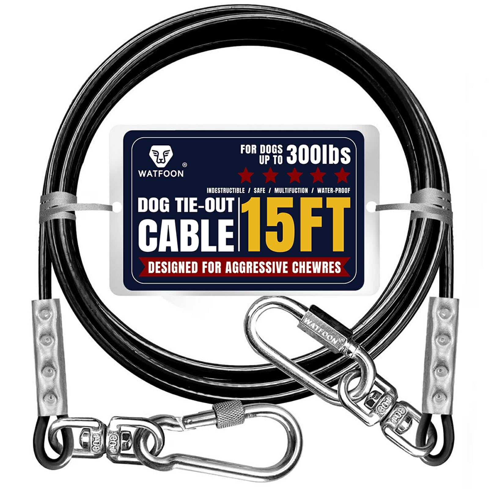 Watfoon câble tie-out chien 15 pieds noir – liberté sécurisée en extérieur.