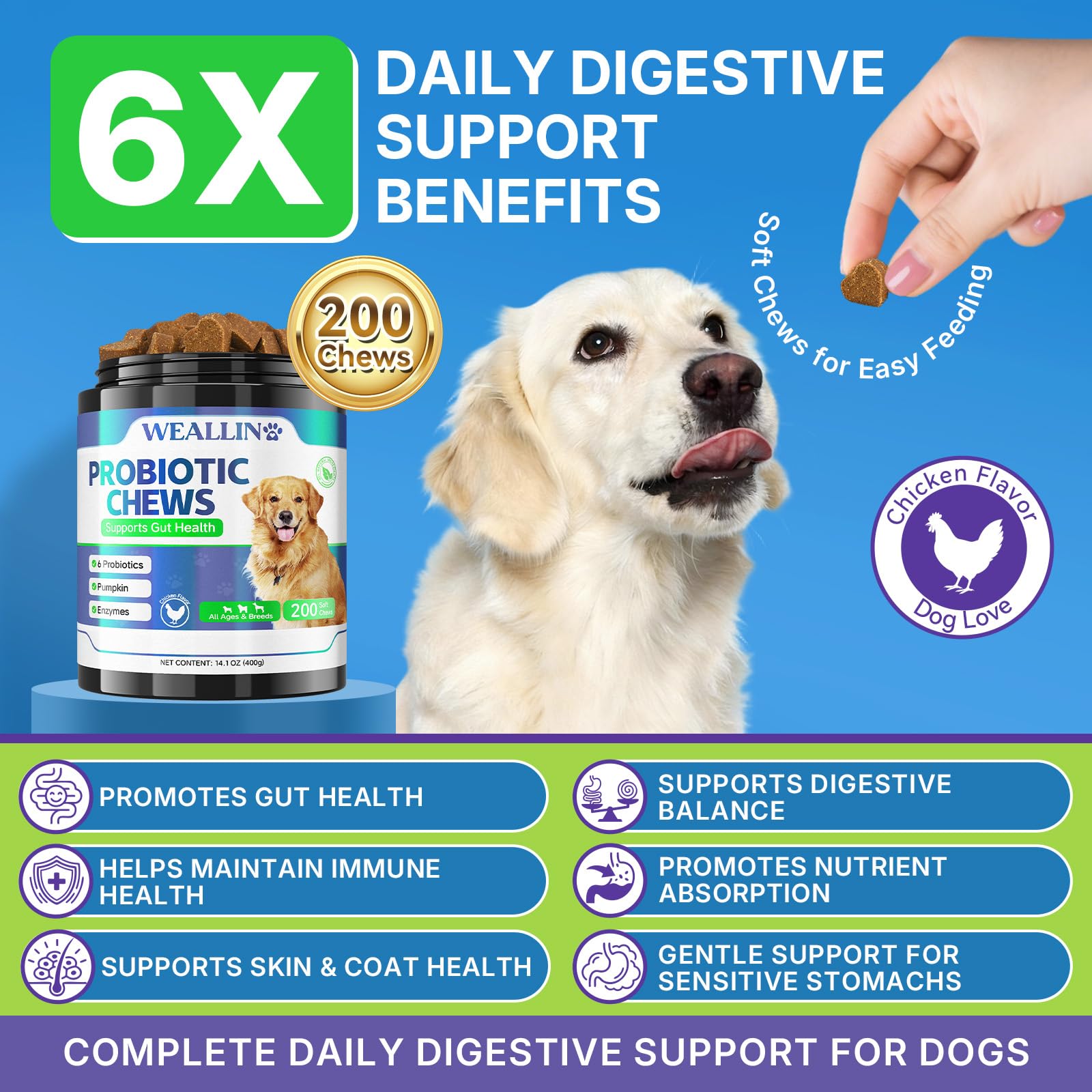 WEALLIN bocal probiotiques chien 200 bouchées, format pratique pour routine quotidienne.