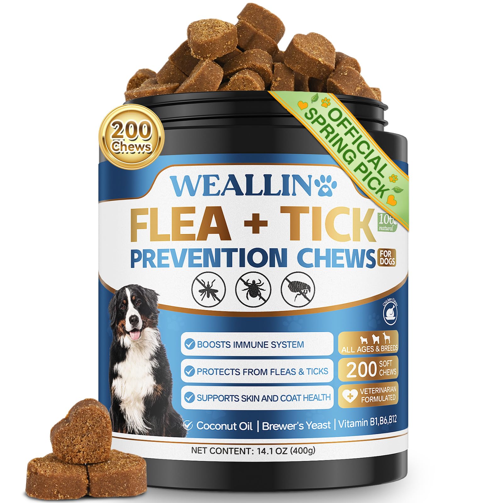 WEALLIN bouteille de 200 bouchées pour chiens, prévention pratique des puces et tiques