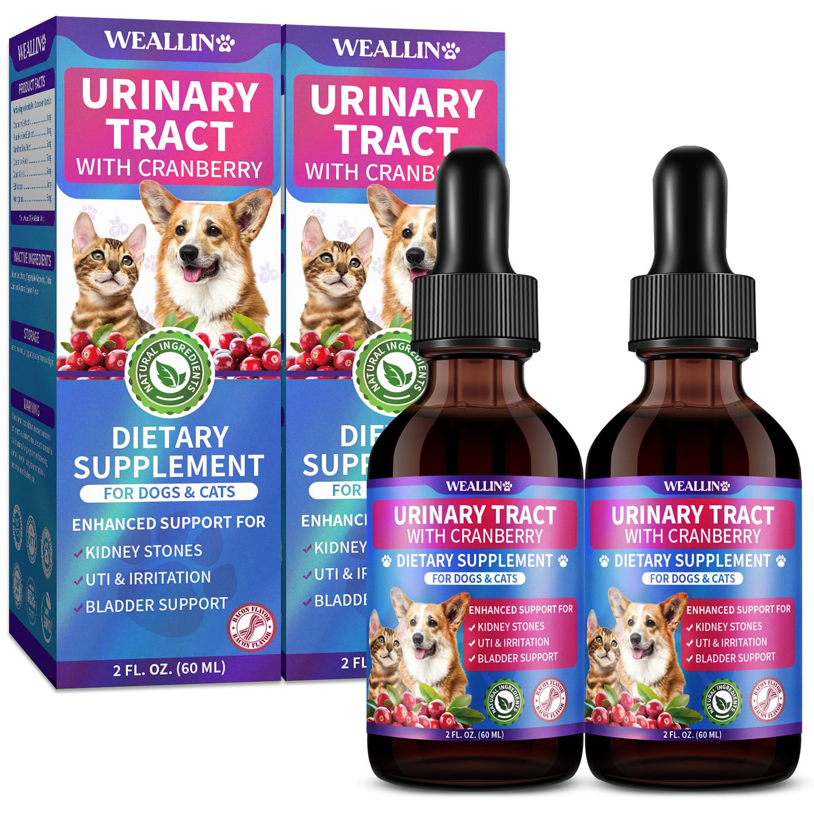 WEALLIN Bouteille canneberge pour chats et chiens, soutien urinaire quotidien.