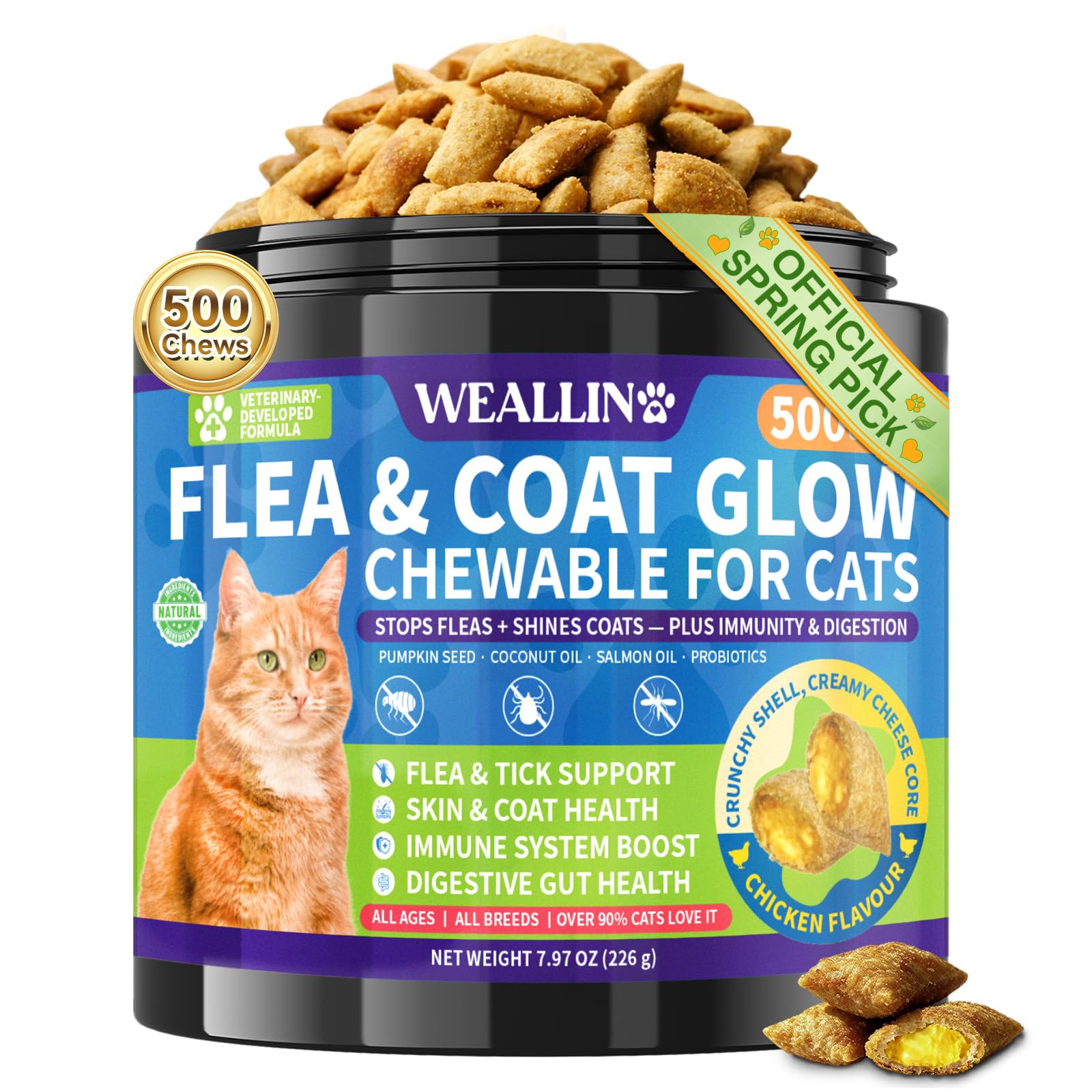 WEALLIN chat bouchées poulet croustillantes et crème, plaisir quotidien et protection pratique.