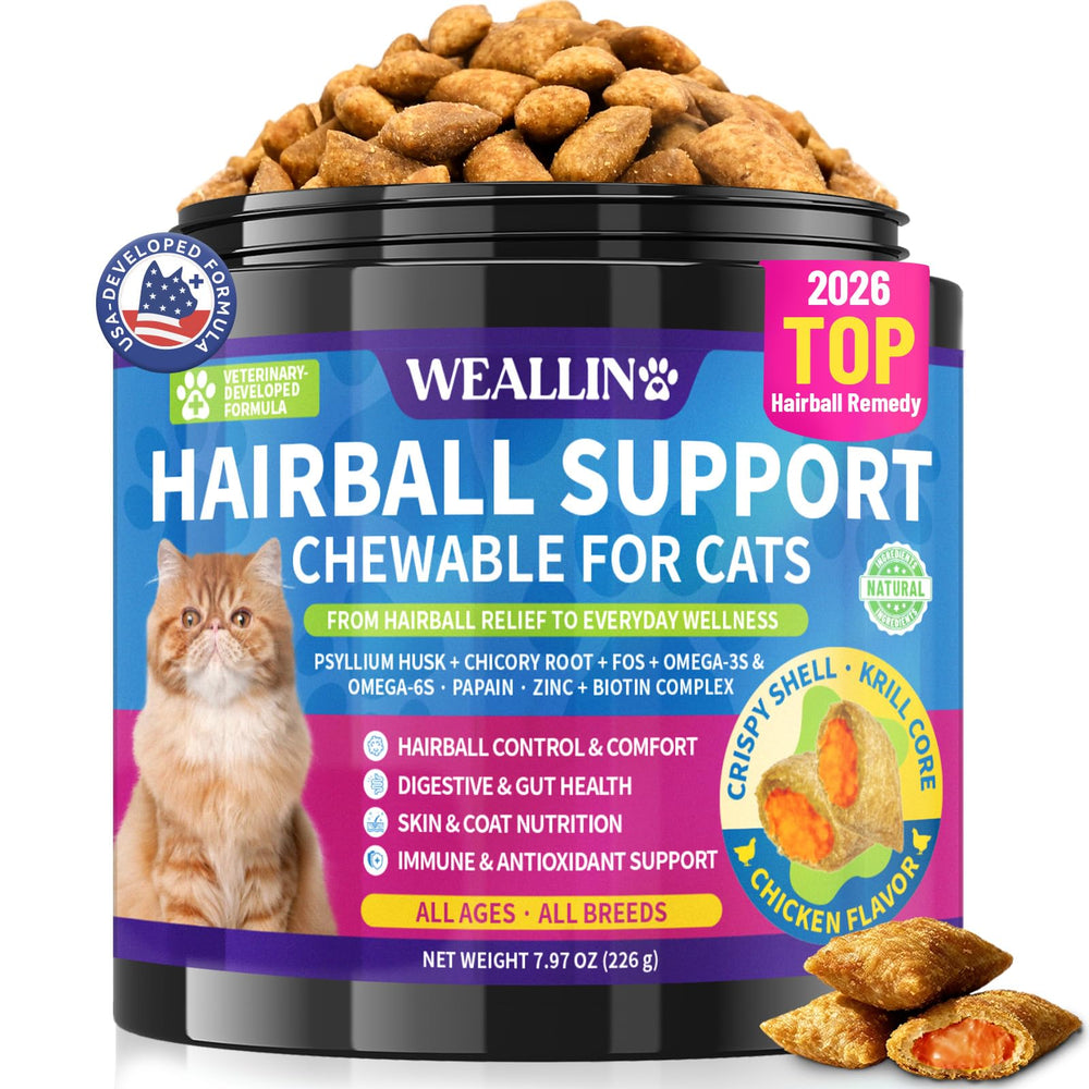 WEALLIN friandises chat boules-poils bocal-500 : texture croquante et soutien digestif potentiel.