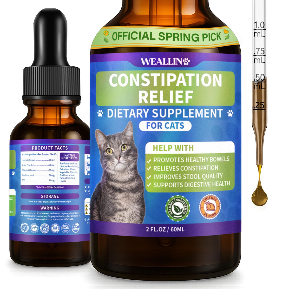 WEALLIN gouttes pour constipation du chat, flacon illustrant le soutien digestif naturel.