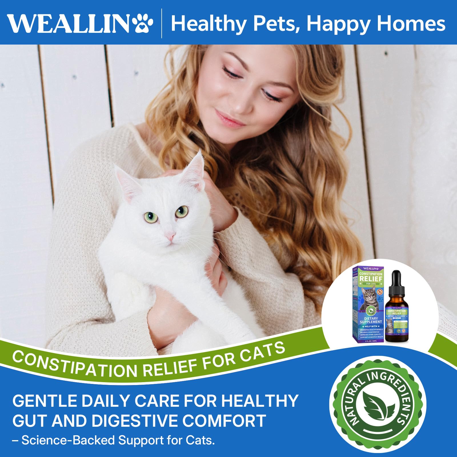 Chat calme et satisfait après utilisation du produit WEALLIN.