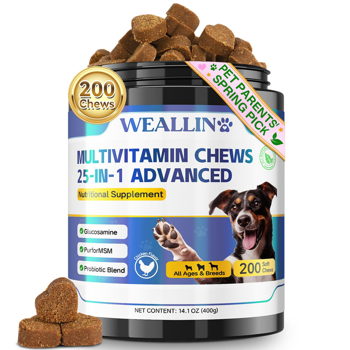 WEALLIN vitamines chien : bouteille et étiquette visibles, soutien nutritionnel pour chien actif.