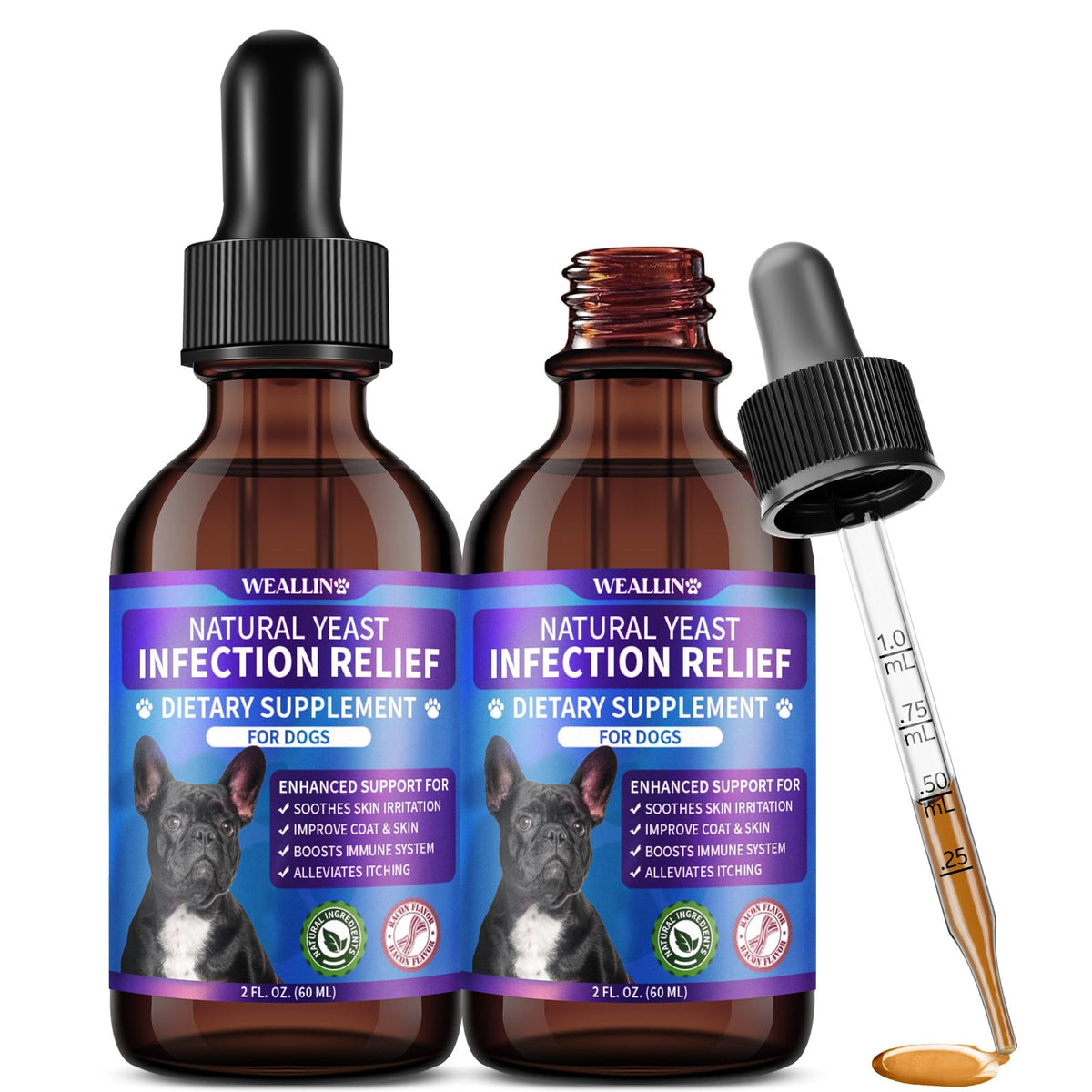 WeAllin Drops Lévre chien emballage visible, soin naturel de la peau.
