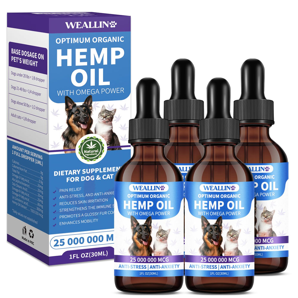 WEALLIN Huile de chanvre – bouteille et pipette pour chat apaisé.