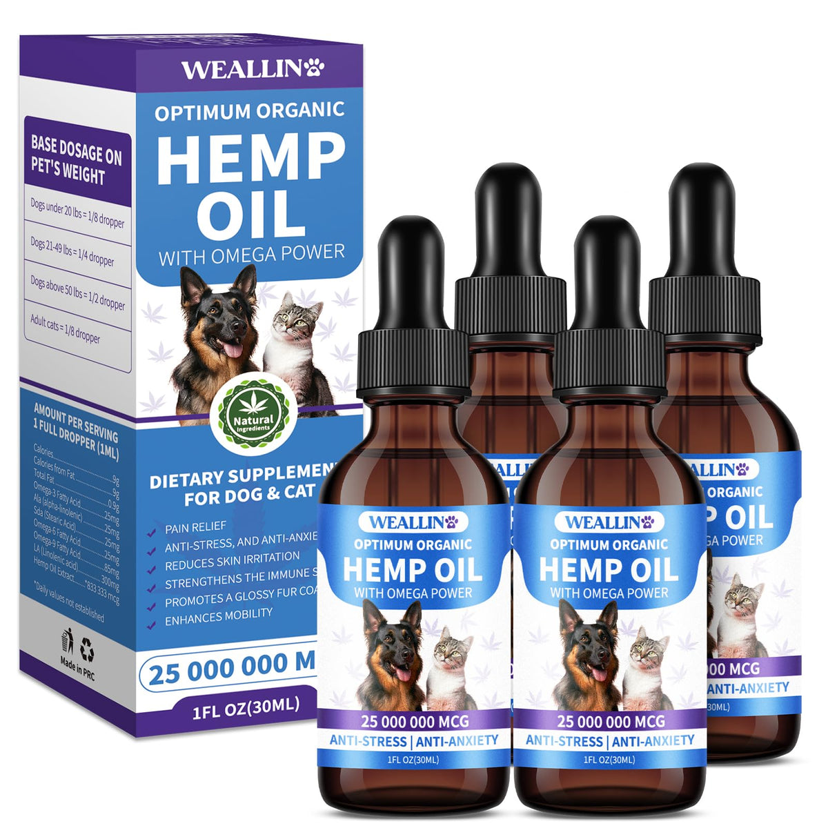 WEALLIN Huile de chanvre – bouteille et pipette pour chat apaisé.